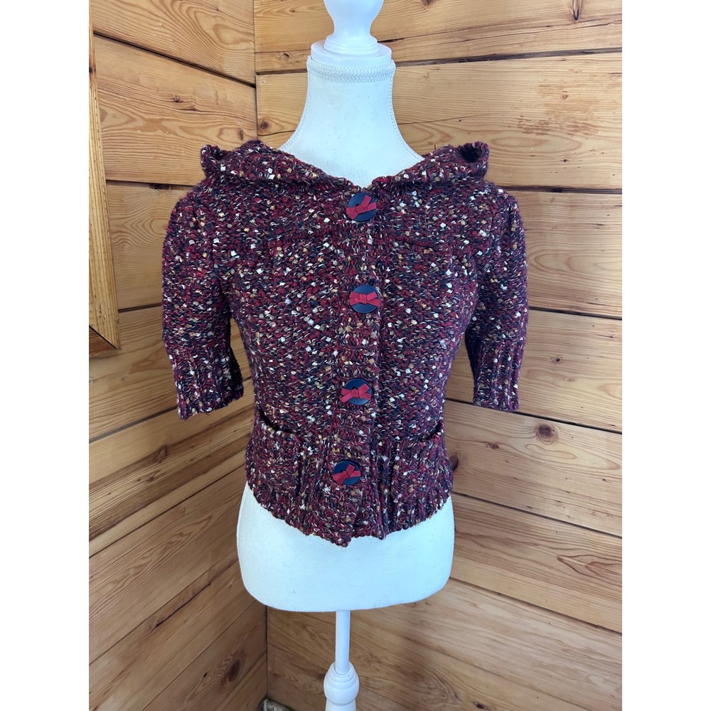 BKE Womens Burgundy Marl Chunky Knit Hooded Cardigan Short Sleeve Sweater Small